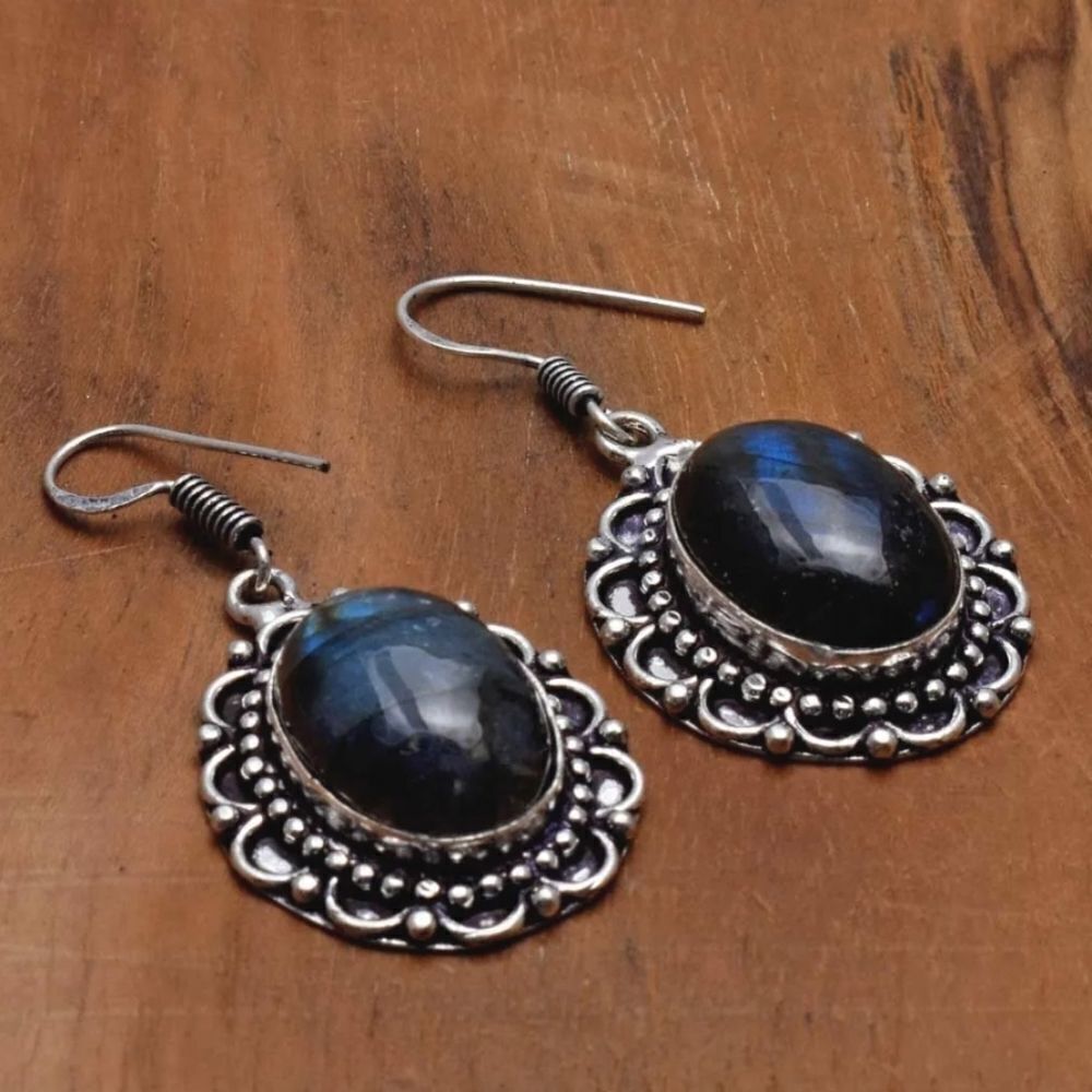 Labradorite Handmade Drop Dangle Earrings Jewelry 1.76" - Picture 3 of 3
